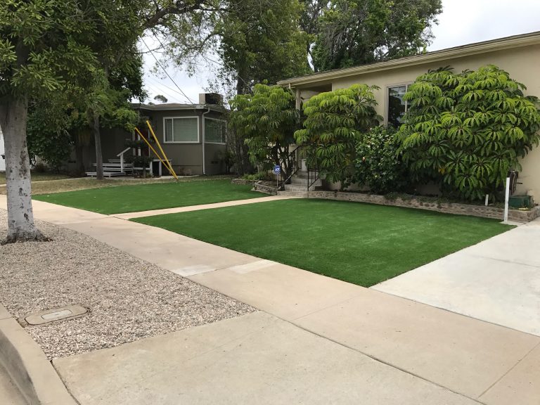 Front lawn of synthetic turf next to a driveway