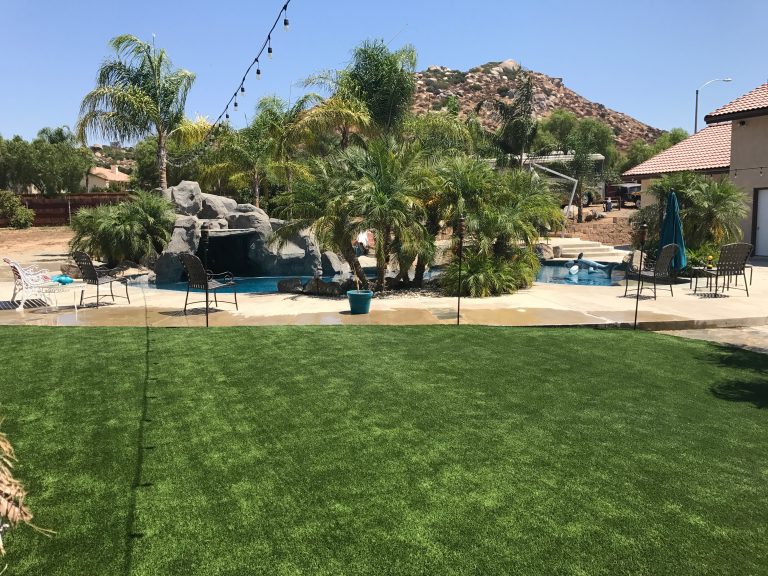 Backyard artificial grass lawn with palm trees and a pool