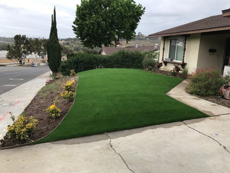 Curved front yard artificial lawn with a flower border