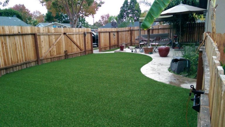 Fenced backyard with a curved artificial grass lawn and patio