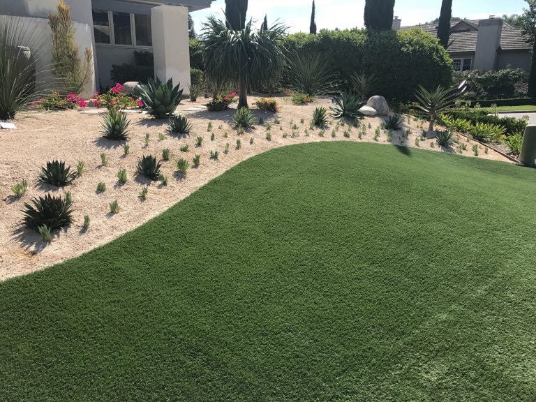 Front yard artificial lawn on a slope with drought-tolerant planting
