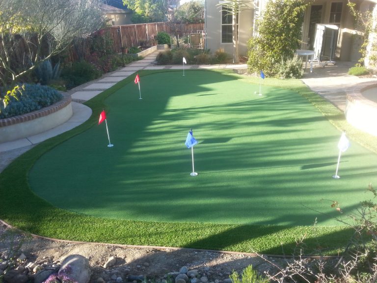 Backyard putting green with several flags