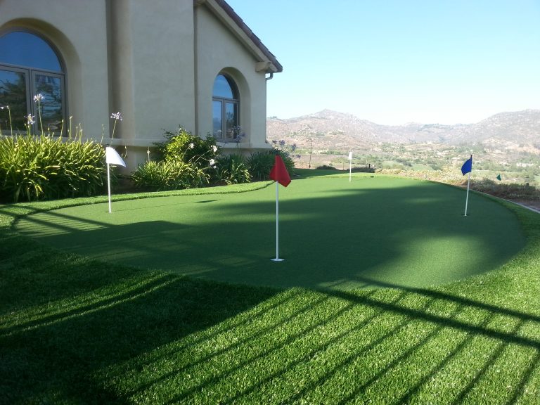 Backyard putting green with flags and a hillside view