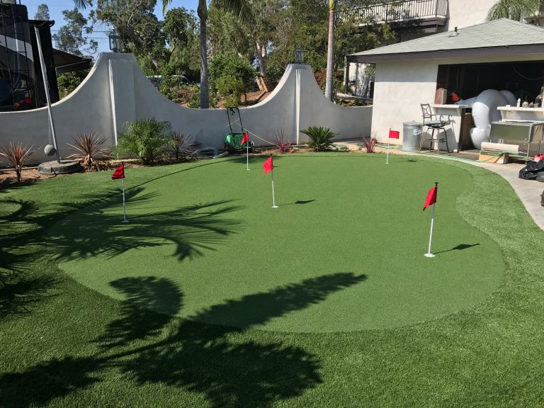 Backyard putting green with red flags